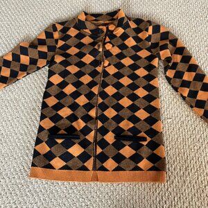 Checkered Orange Black Cardigan Button Pocket Small